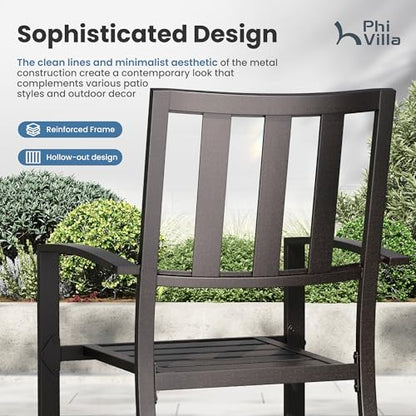 PHI VILLA 5 Piece Outdoor Table and Chairs, Patio Dining Set for 4,37" Black Square Metal Table and Stackable Wrought Iron Chairs with Umbrella Hole for Patio, Deck, Porch, Backyard