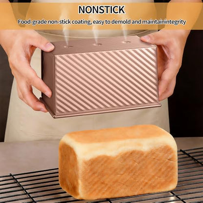 Lollicy 3 Pack Pullman Loaf Pan with Lids, Non-Stick Bread Loaf Pan, Heavy Duty Carbon Steel Corrugated Toast Box for Baking, Square Bread Pans for Homemade Sandwich, Bakeware (Rose Gold)