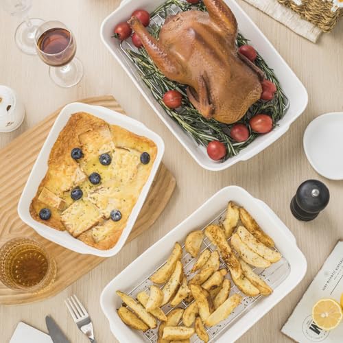 HOMBENE Casserole Dishes for Oven, Ceramic Baking Dishes Set of 3 with Roasting Racks, Rectangular Lasagna Pan with Handles for Baking, Gift, Dinner Microwave Oven Safe (2QT/3QT/4.2QT)
