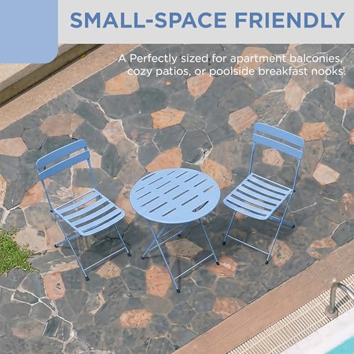 Alpine Corporation VTFAM168A-BL 3-Piece Blue Metal Folding Bistro Set – 20" Round Patio Table with 2 Folding Chairs – Portable Indoor/Outdoor Balcony & Garden Furniture Set