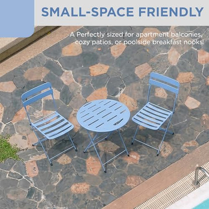Alpine Corporation VTFAM168A-BL 3-Piece Blue Metal Folding Bistro Set – 20" Round Patio Table with 2 Folding Chairs – Portable Indoor/Outdoor Balcony & Garden Furniture Set