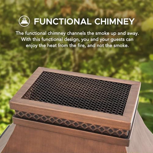 Sunjoy Outdoor Fireplace, Stone Look Tile Patio Wood Burning Steel Fireplace with Chimney, Spark Screen, Fire Poker, Rain Cover, and Removable Grate, Copper with Gray Tile