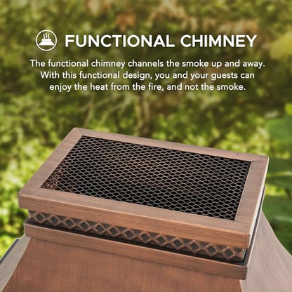 Sunjoy Outdoor Fireplace, Stone Look Tile Patio Wood Burning Steel Fireplace with Chimney, Spark Screen, Fire Poker, Rain Cover, and Removable Grate, Copper with Gray Tile