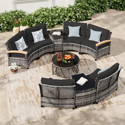 MEISSALIVVE 9-Piece Half-Moon Curved Outdoor Patio Furniture Set, Sectional Conversation Sofa with Wood Armrests, Coffee & Side Tables for Backyard Deck Garden, Black