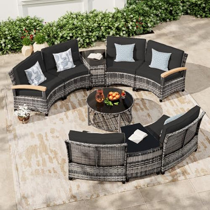 MEISSALIVVE 9-Piece Half-Moon Curved Outdoor Patio Furniture Set, Sectional Conversation Sofa with Wood Armrests, Coffee & Side Tables for Backyard Deck Garden, Black