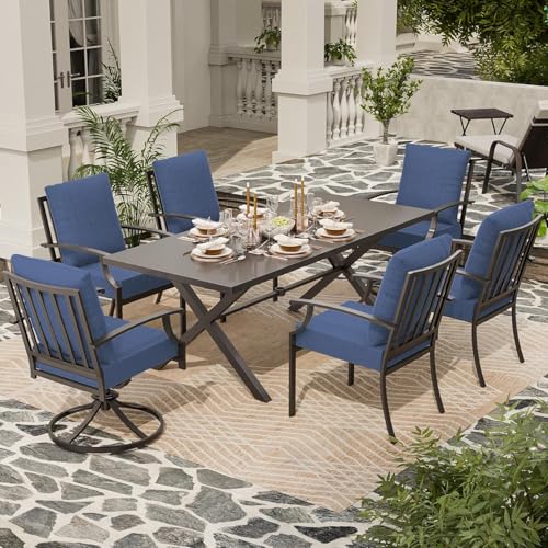 ASJMR 7 Piece Outdoor Dining Set for 6, Metal Patio Table and Chairs with Cushions, Patio Furniture Set with 2 Swivel Chairs, Rectangular Patio Dining Table with Umbrella Hole, Lawn Deck, Yard, Navy