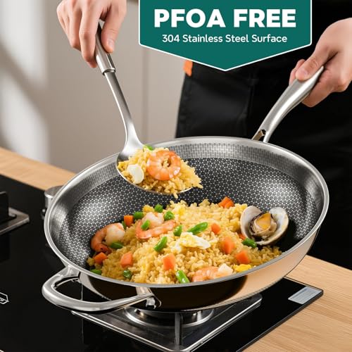 Wok Pan, 13-Inch Stainless Steel Woks & Stir-Fry Pans Nonstick, Wok Pan with Lid for Induction, Hybrid，Electric, Gas, Halogen, All Stoves, Professional PFOA Free Cookware, Dishwasher & Fast Heat