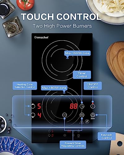 AMZCHEF Induction Cooktop 2 Burners, 12 Inch Bulit-in & Countertop Induction Stove with Plug 110V-120V, 9 Power Levels Electric Stove 1800W, Safety Lock, Timer, Touch Control for Fast Cooking