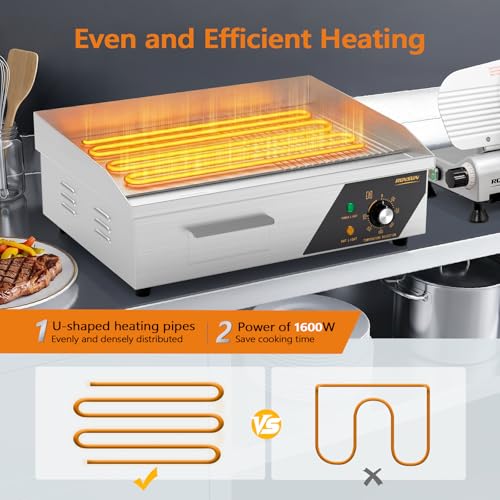 Bonnlo 22 Inch 1600W Commercial Electric Griddle with Stainless Steel Countertop, Half Flat Griddle, 122-572℉ Adjustable Temp Control of Flat Top Grill for Steak and Egg, Home & Restaurant, Plug