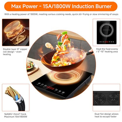 AceFox 1800W Electric Induction Burner with LED Display, Built-in Design