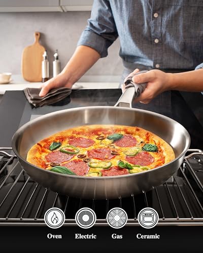 VocVoi Stainless Steel Pan, 12 Inch with Lid Stainless Steel Frying Pan, Non Toxic Tri-Ply Skillet, PFOA&PTFE Free, Oven and Dishwasher Safe, Induction Compatible