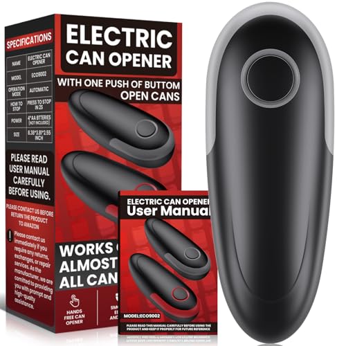 Electric Can Opener Fits All Can Sizes, Electric Can Openers for Kitchen Food Safe with Smooth Edge, Kitchen Gadgets Battery Operated Can Openers for Seniors, Arthritis and Chef Black+Grey