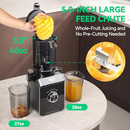Cold Press Juicer, ORMEO HOME Masticating Juicer Machines with 5.0"Large Feed Chute Fit Whole Vegetables & Fruits, with Pulp Seperation, 99.6% Juice Purity, Quiet Motor, Easy to Clean,BPA Free