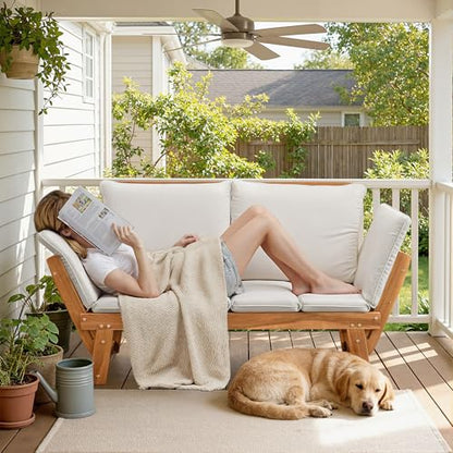 Flamaker Outdoor Couch with Adjustable Armrests, Acacia Wood Patio Loveseat with Soft Cushions, Convertible Patio Furniture for Balcony, Porch, Backyard (White)