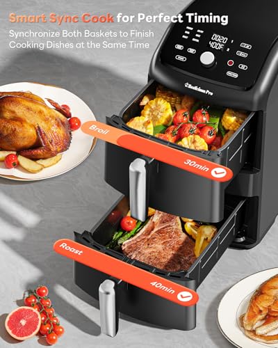 12QT Large Double Air Fryer, Family-Size Dual Airfryer with 2 Baskets, SyncHeat Even Heating, Stacked Compact Design, Smart Finish & Match Cook, PFAS-Free Nonstick, Dishwasher-Safe, Black