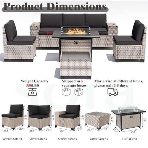 Aukreolis 13 Pieces Patio Furniture Set with Fire Pit Table, Outdoor Sectional Wicker Sofa with Thickened Cushions and Coffee Table, High Back Rattan Patio Conversation Sets, Black