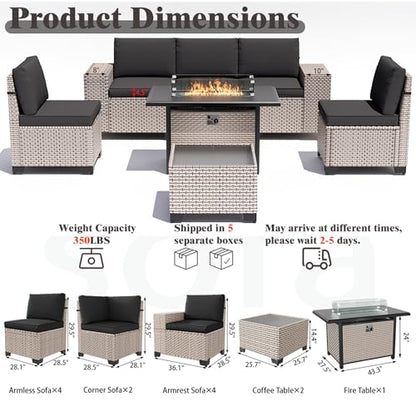 Aukreolis 13 Pieces Patio Furniture Set with Fire Pit Table, Outdoor Sectional Wicker Sofa with Thickened Cushions and Coffee Table, High Back Rattan Patio Conversation Sets, Black