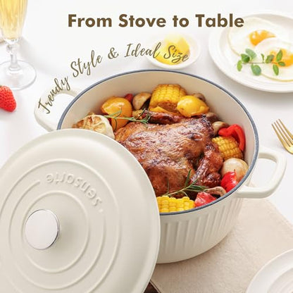 SENSARTE Enameled Cast Iron Dutch Oven Pot with Lid 3.5/5.5/6.5 Quart Heavy-Duty Round Dual Handles Kitchen Pot with Cotton Potholders & Silicone Trivet, Pot for Bread Baking, Stews, Braising, Roasting, Oven Safe, 3.5Quart, White