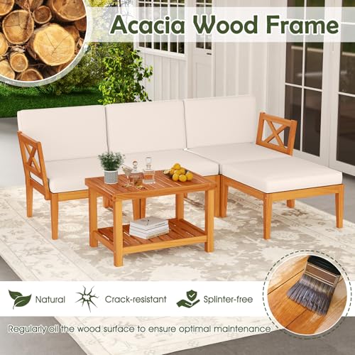 Tangkula L Shaped Outdoor Furniture Set, 5 Pieces Acacia Wood Patio Conversation Set, Modular Outdoor Lounge Sofa Set w/Cushions and Coffee Table for Garden, Backyard, Poolside