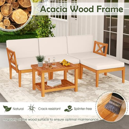 Tangkula L Shaped Outdoor Furniture Set, 5 Pieces Acacia Wood Patio Conversation Set, Modular Outdoor Lounge Sofa Set w/Cushions and Coffee Table for Garden, Backyard, Poolside