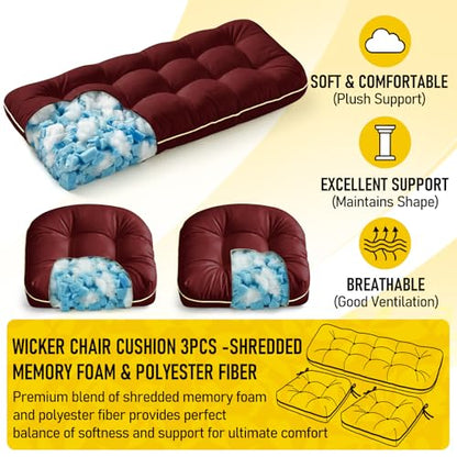 1 MIDDLE ONE Wicker Chair Cushions 3 Pieces Set for Outdoor Furniture, Replacement Patio Wicker Furniture Cushions, 1Pc Loveseat Cushion & 2Pcs Chair Cushions (Burgundy)