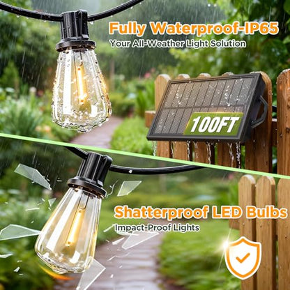 100FT Solar String Lights Outdoor Waterproof with Remote & Timer, LED Shatterproof ST38 Bulbs, USB & Solar Powered Patio Lights for Backyard, Porch, Garden, Wedding Decor, Dusk to Dawn Lighting