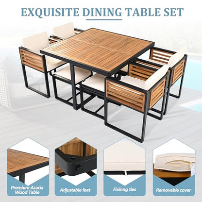 Merax 18 Pieces Outdoor Dining Set for 16 People, Acacia Wood Patio Furniture Sets with 2 Square Tables, 8 Cushioned Chairs and 8 Ottomans for Backyard, Garden, Lawn, Poolside, Beige