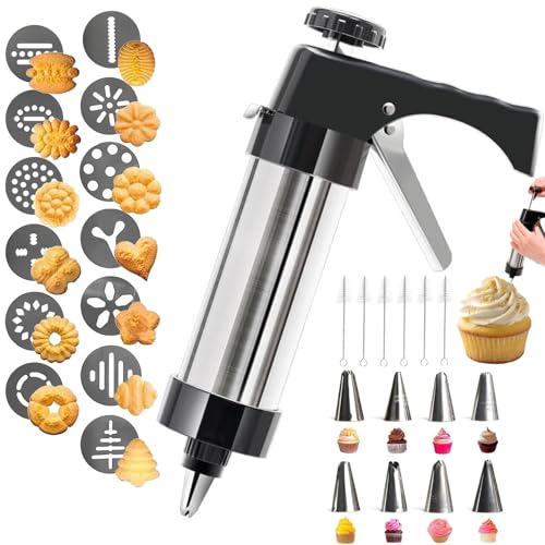 Spritz Cookie Press Gun Kit,Churro Maker Machine, Cookie Press Gun Set,13 Cookie Discs+8 Icing Nozzles Perfect for DIY Christmas Cookies and Decorating Cookies,Gifts for Wome（black)(1)