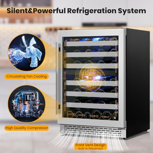 24 Inch Wine Cooler & Fridge Under Counter,54 Bottle Dual Zone Wine Cooler,New Upgrade Compressor,Blue Light Built-in/Freestanding,Reversible Stainless Steel Door Wine Fridge for Home/Kitchen