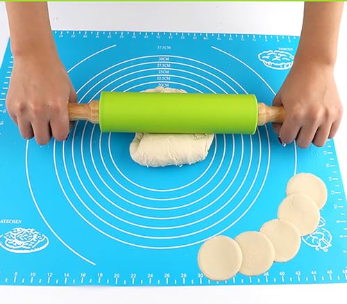 Silicone Rolling Pin, Green 9 Inch Pin with Wooden Rotatable Handle for Dough of Baking Bread, Cookie, Pizza (green, 9 inch)