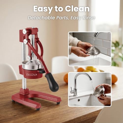 Zeluna Cast Iron Manual Hand Press Juicer for Citrus & Pomegranate,Deep Red