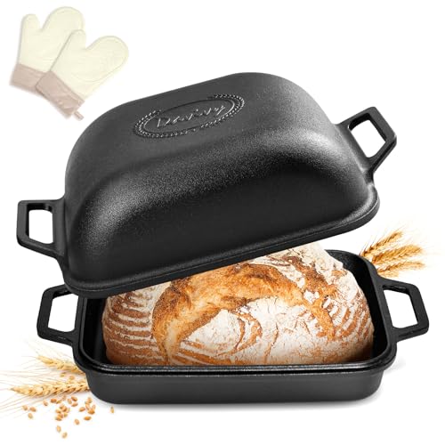 Davivy 9QT Pre-Seasoned Dutch Oven for Sourdough Bread, Non-stick Cast Iron Sourdough Bread Loaf Baking Pan, Large Capacity Cast Iron Loaf Pan, with Silicone Oven Mitts