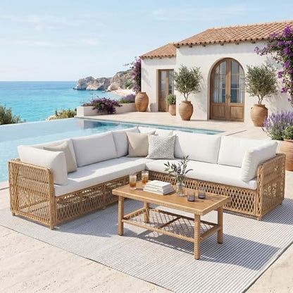 Luxury Outdoor Sectional Set 6-Seater with Thick Cushion & Waterproof Cover