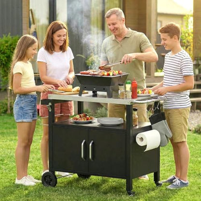 LIFERUN Outdoor Grill Cart with Stainless Steel Top, XL Outdoor Kitchen Island with Storage Cabinet, Prep Station with 2 Lockable Wheels and 4 Hooks for BBQ Food Prep & Outside Dining, 23" x 41"