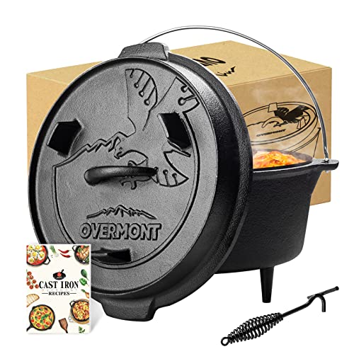 Overmont 6QT Cast Iron Dutch Oven Pre-Seasoned Camping Dutch Oven Pot with Legs, Lid Lifter & Dual Handles, Cast Iron Pot with Skillet Lid for Campfire Cooking, BBQ, Grill, Stove, Outdoor Use