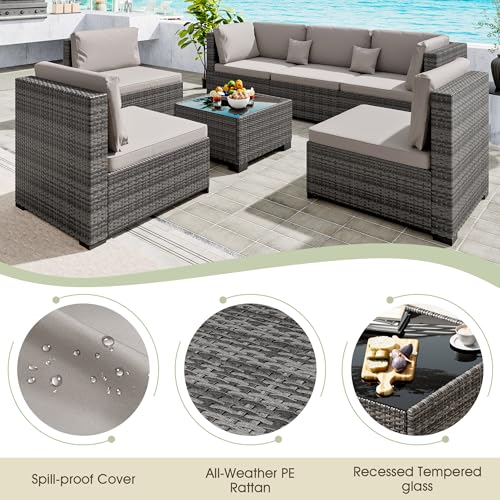 LHBcraft 7 Piece Patio Outdoor Furniture Set, Outdoor Sectional, All-Weather Hand-Woven Wicker Patio Sectional Sofa, Rattan Outside Furniture with Grey Cushion and Glass Coffee Table