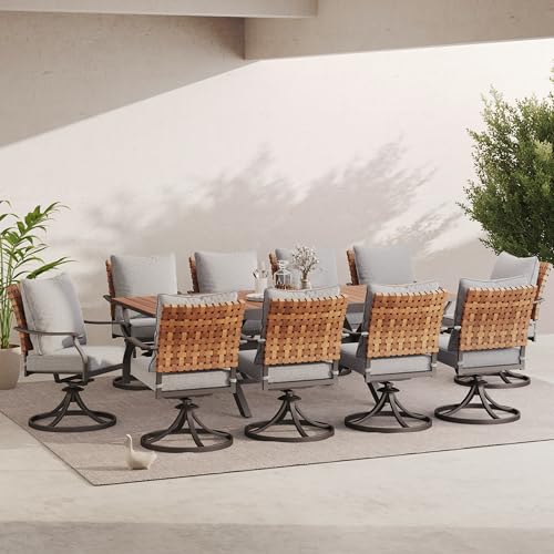 Grand patio 11-Piece Outdoor Dining Set, 10 Leather-Look Wicker Swivel Patio Chairs & 1 Extendable Rectangular Dining Table, Brown