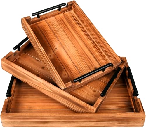 Juleduo Coffee Table Tray Decorative Nested Vintage Wood Serving Tray Set for Eating, Breakfast, Party, Kitchen, Ottoman,Tea Coffee Table Large Ottoman Trays (Wood, 3Pc)
