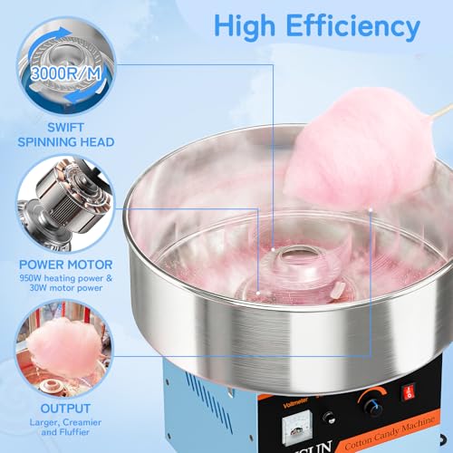 ROVSUN 21 Inch Cotton Candy Machine,Electric Commercial Cotton Candy Maker Machine Candy Floss Maker Machine w/Cover,Stainless Steel Bowl,Sugar Scoop and Large Storage Drawer for Party Carnival,Blue