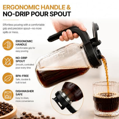 Palksky Cold Brew Coffee Maker, 64 Oz Mason Jar Glass Pitcher with Coffee Grinder Lids, Stainless Steel Filter, Pour Spout Handle, Homemade Iced Coffee Sun Tea Making Set for Home Daily Use