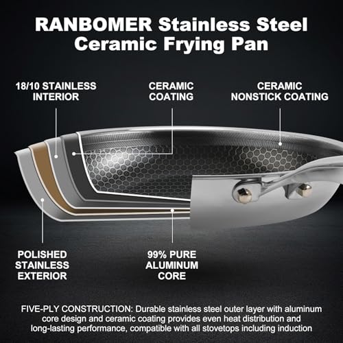 Ranbomer Hybrid Ceramic Non Stick Frying Pan 10 Inch, 5-Ply Stainless Steel Skillet,Stay-Cool Handle,Induction Ready, Compatible with All Cooktops, PFAS-Free, Non-Toxic.(10 Inch)