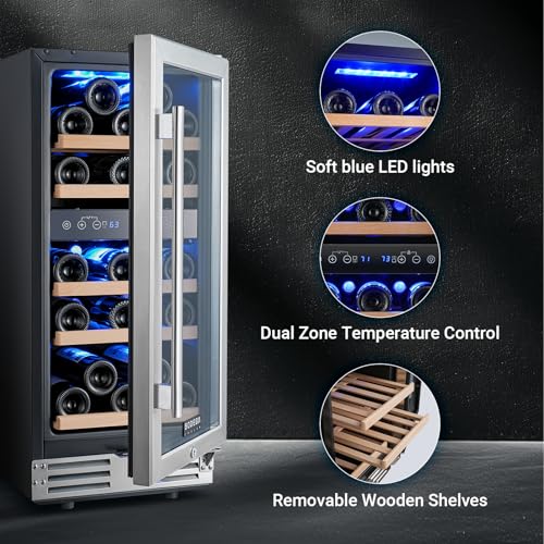 BODEGA 15 Inch Dual Zone Wine Fridge, 30 Bottle, Black 15” Wine Cooler Under Counter For Home and Kitchen, With Double-Layer Glass Door, Wine Refrigerators Free standing with Temperature Control.