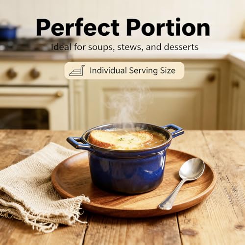 dingdaer Mini Cocotte Set, Small Casserole Dishes with Lids & Handle, 16.9 OZ Ceramic Mini Dutch Oven Set of 2, Individual Baking Ramekins for Lasagna, Soufflé, Soup Tureen, Oven, Microwave Safe, Blue