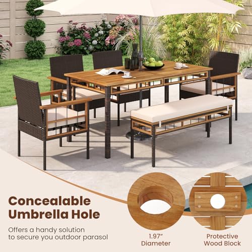 Tangkula 6 Pieces Patio Dining Table Set, Outdoor Rectangular Acacia Wood Table with 1.97” Umbrella Hole & Cushioned Backless Bench & 4 Armchairs, for Garden, Deck, Yard