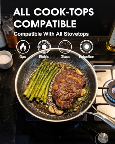 Non Stick Frying Pan 12 Inch with Lid, Hybrid Nonstick Stainless Steel Skillet Pan with Stay-cooling Handle, PFOA Free Non Toxic Dishwash & Oven Safe Kithchen Cookware Set Compatible All Cooktops