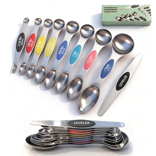 Stainless Steel Magnetic Measuring Spoons Set of 9 with Leveler,Dual Sided, Stackable, Adjustable Teaspoon and Tablespoon, Measuring Liquids and Dry Ingredients, Baking& Cooking Gadgest,Multicolor