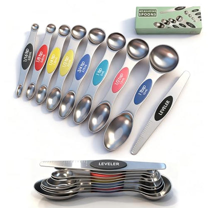 Stainless Steel Magnetic Measuring Spoons Set of 9 with Leveler,Dual Sided, Stackable, Adjustable Teaspoon and Tablespoon, Measuring Liquids and Dry Ingredients, Baking& Cooking Gadgest,Multicolor