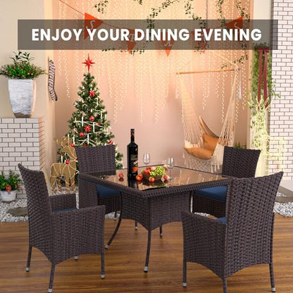 Trumbeak 15 Piece Outdoor Dining Set,Rattan Patio Conversation Set of 12 Chairs,Patio Dining Table and Chairs w/Cushions,Square Glass Tabletop,Umbrella Cutout for Patio,NavyBlue
