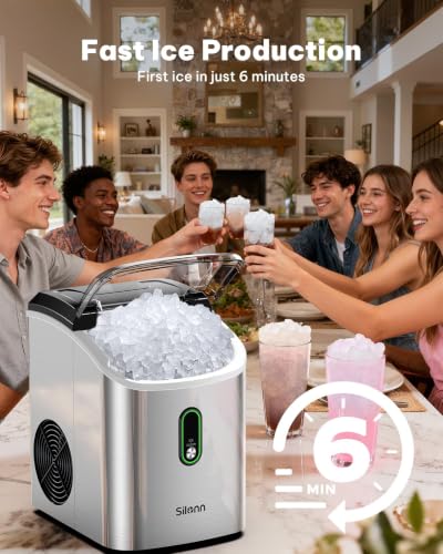 Silonn Nugget Ice Maker Countertop, Pellet Ice Machine with Self-Cleaning Function, Sonic Ice Maker Produces 36lbs of Chewable Ice in 24 Hours, Ideal for Home Kitchen and Office (Stainless Steel)