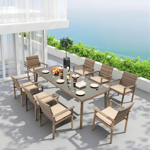 Rattaner Brown Wicker Patio Dining Set for 6 Outdoor Dining Glass Table and Chairs 7 Pieces with Waterproof Cover and Cushions, Khaki